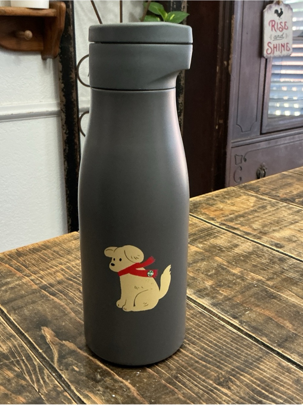 Starbucks Gray 14 oz. Holiday Tumbler with Dog Graphic and Red Scarf